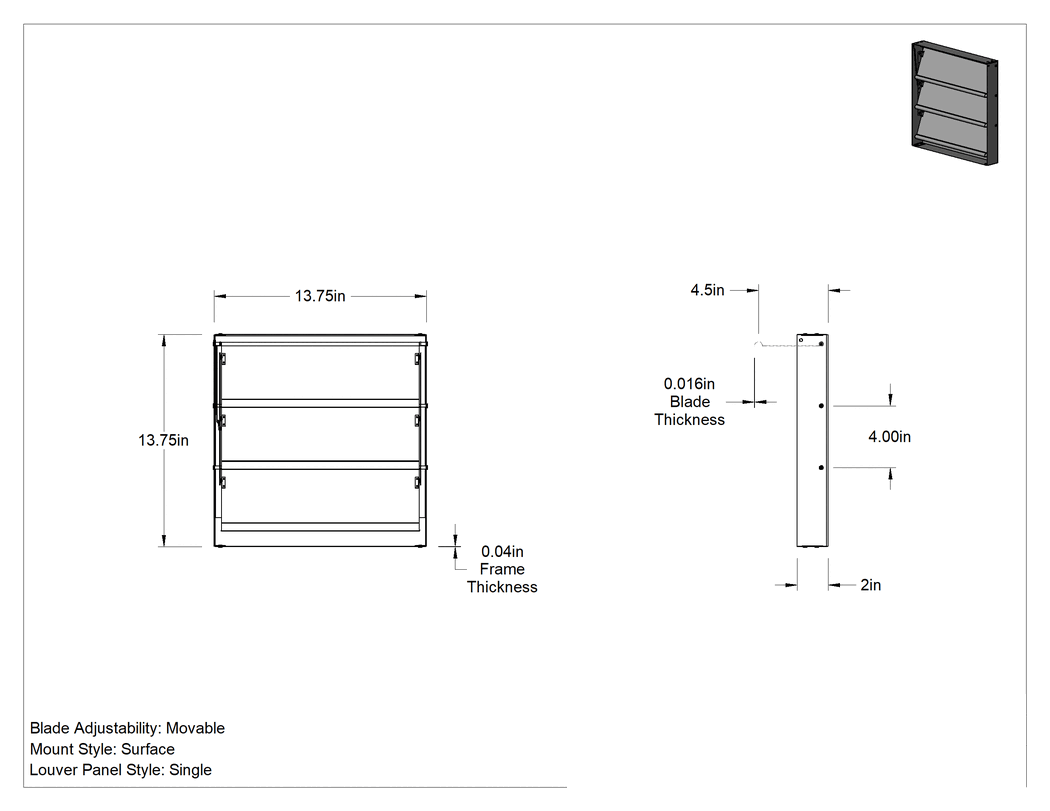 Teknik Çizim - Çatı Montajlı Panjur, 13-3/4" kare açıklık için