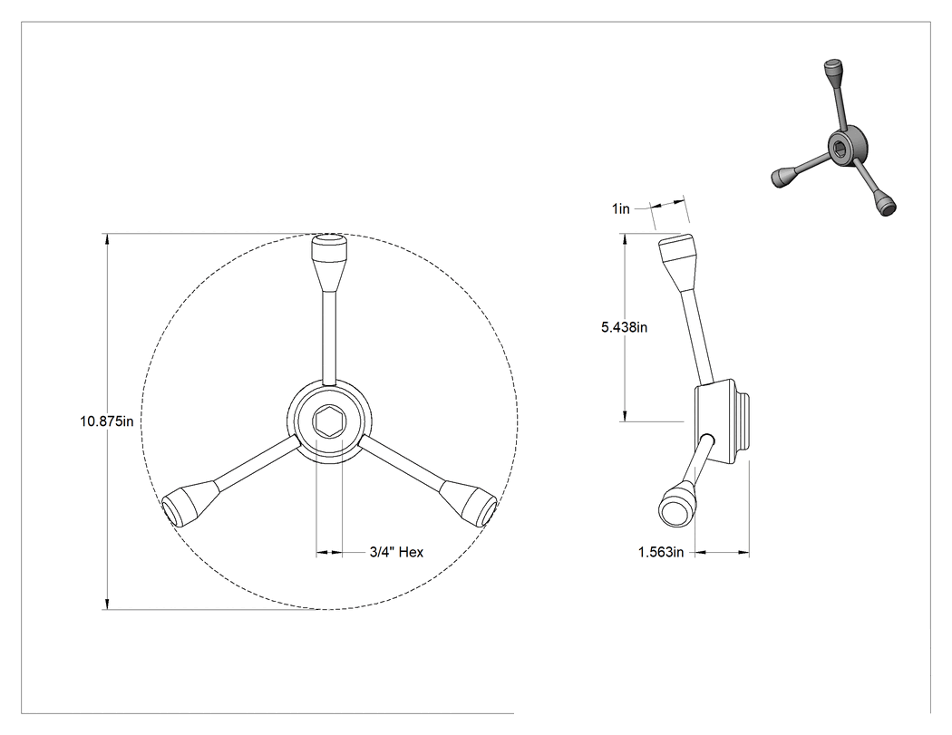 Teknik Çizim - Freze Makinesi Mengene Kolu, Üç Kollu Stil, 3/4" Genişlikte Altıgen Açıklık