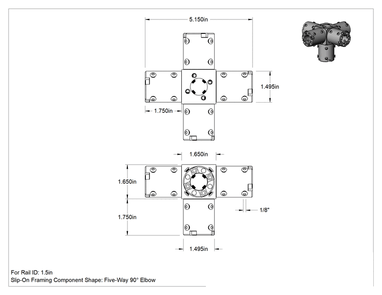 Teknik Çizim - 1-1/2" Ray İç Çapı için 5 Yollu 90 Derece Dirsek Karbon Fiber Kayar Çerçeve