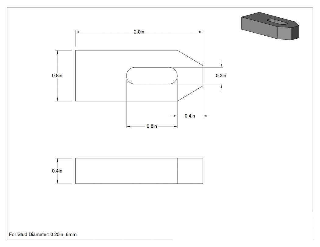 Teknik Çizim - Kurulum Kelepçesi, 1/4" ve 6 mm Çaplı Saplamalar için, 2" Uzunluk