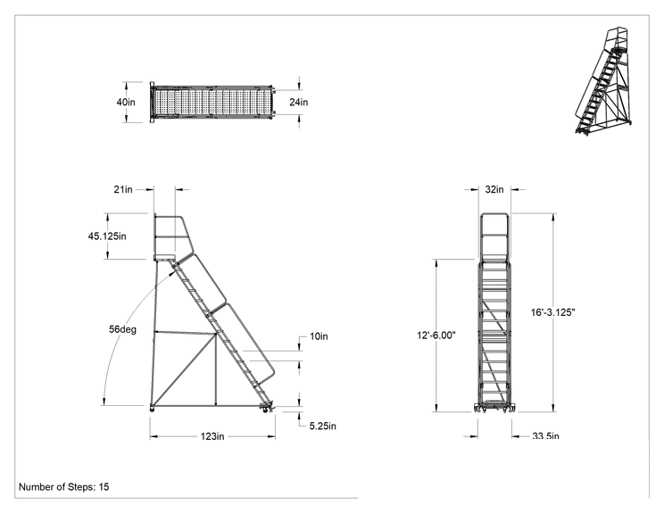 Teknik Çizim - Yuvarlanan Delikli Platform Merdiveni, Montajlanmamış, 15 Adım, 12'6" Yükseklik x 21" Derinlik Platform