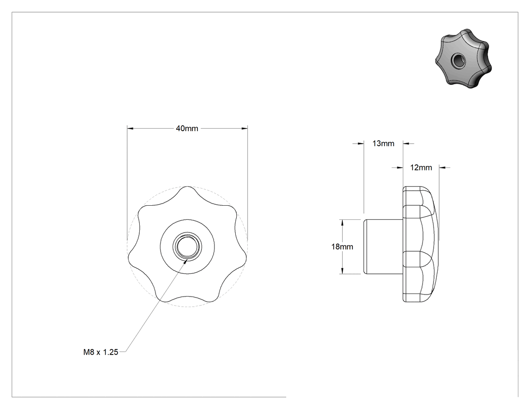Teknik Çizim - Naylon Yedi Kollu Topuz, M8 x 1.25 mm Dişli Delikli