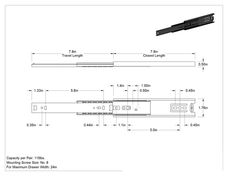 Teknik Çizim - 304 Paslanmaz Çelik Çekmece Kılavuzları, Kolu Çekmeli Çekmece Açma Mekanizmalı, 7-7/8" Kapalı Uzunluk