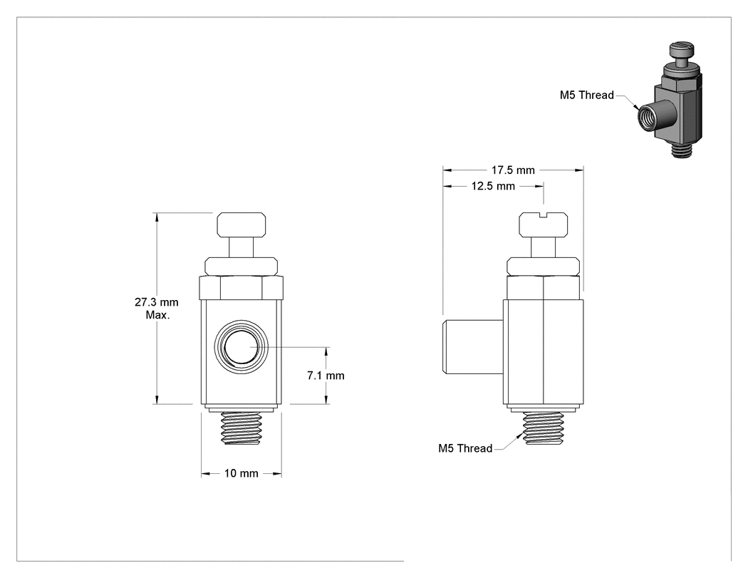 Teknik Çizim - Dirsek Hava Akış Kontrol Vanası, Pirinç 1/8 NPT Giriş x 1/4" Push-Connect Çıkış, M5 x 0.8 mm Erkek Giriş, M5 x 0.8 mm Dişi Çıkış