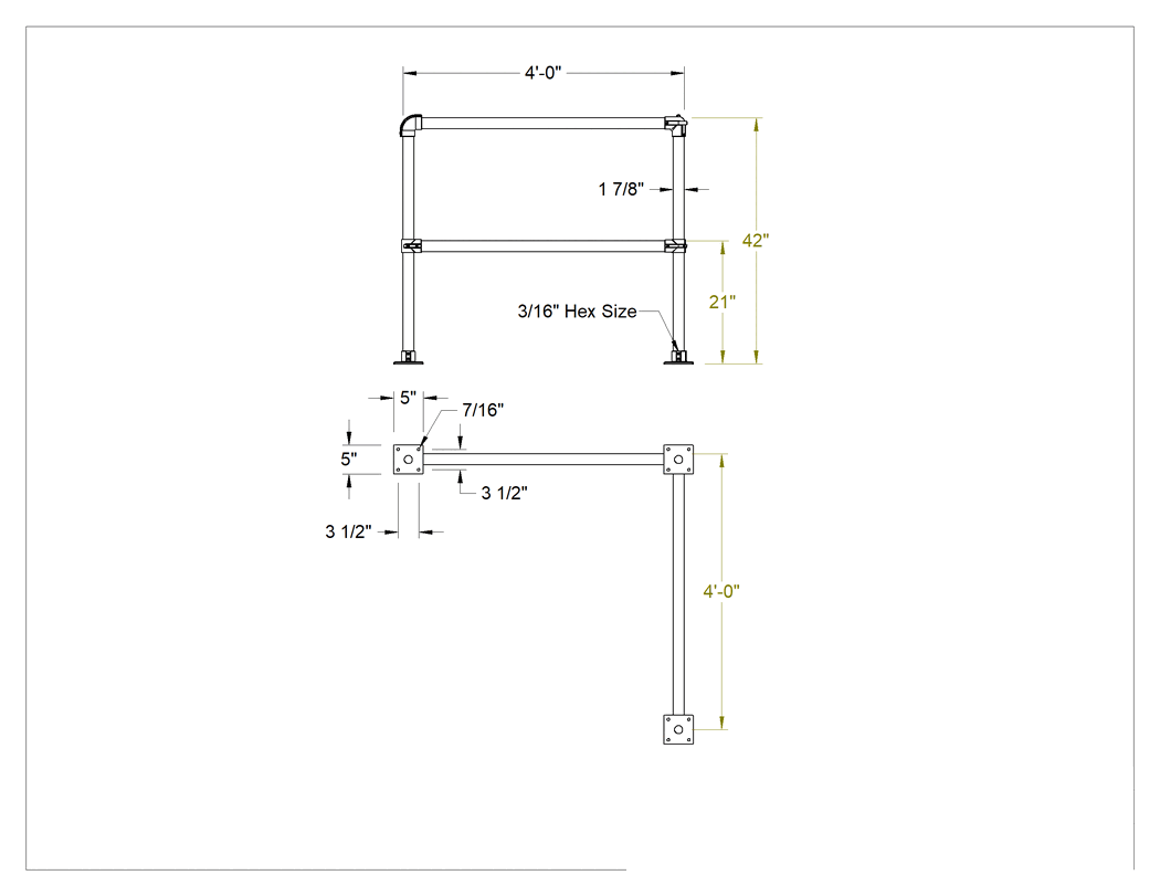 Teknik Çizim - Güvenlik Korkuluğu, Toz Boyalı Çelik, Köşe, 4'0" x 4'0" Uzunluk