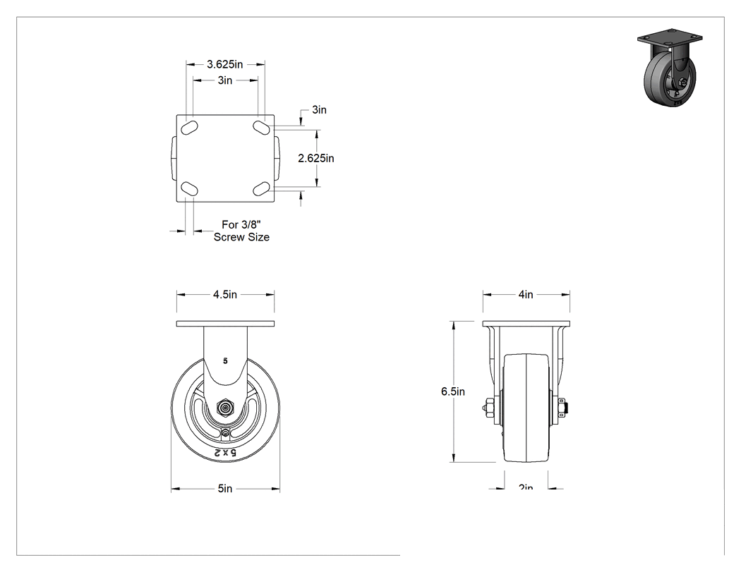 Teknik Çizim - 4-1/2" x 4" Montaj Plakalı Samson Tekerlek, 5 inç Çapında Siyah Kauçuk Tekerlekli Sert, Açık Rulman