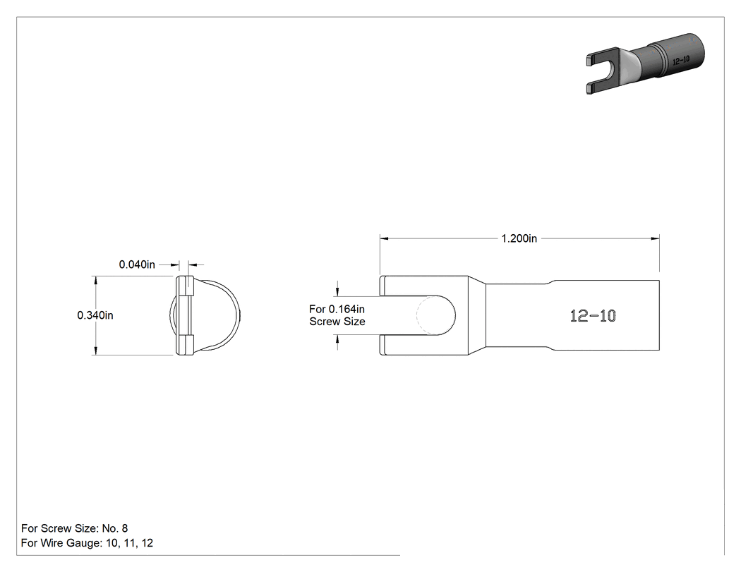 Teknik Çizim - Isıyla Daralan Çatal Terminalleri, Flanşlı, 12-10 AWG ve 8 Numaralı Vida Boyutu için