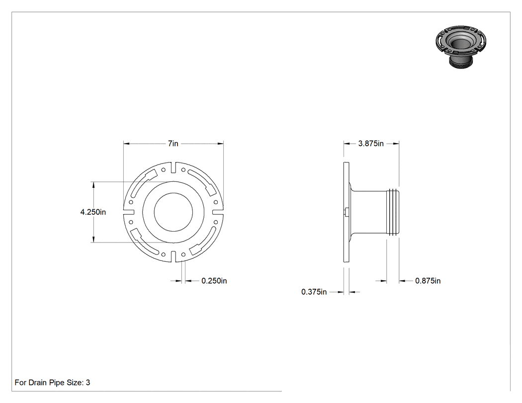 Teknik Çizim - Tuvalet Montaj Flanşı, Beyaz ABS, Drenaj Borusu Boyutu 3 için, 1/4" Kalınlık
