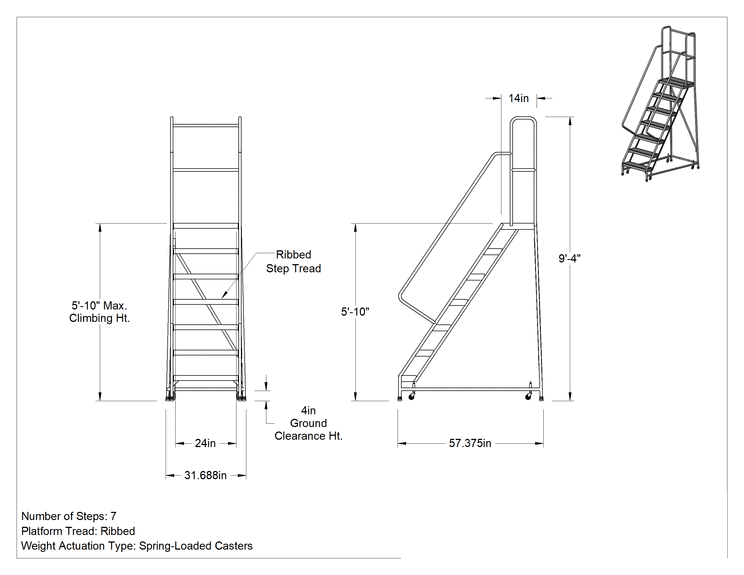Teknik Çizim - Hafif Alüminyum Tekerlekli Platform Merdiveni, Yivli Basamaklar, 9'4" Yükseklik x 32" Genişlik x 57" Derinlik Toplam
