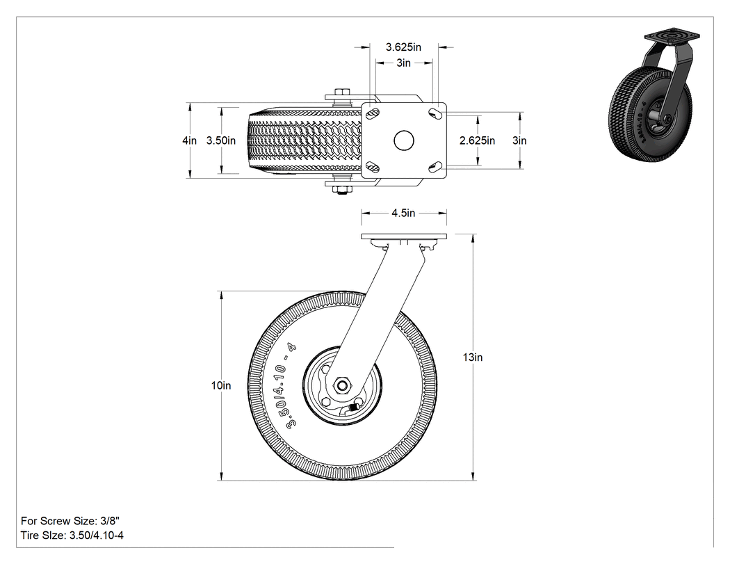Teknik Çizim - 4-1/2" x 4" Plakalı Tekerlek, Döner, 10" Çapında Gri Kauçuk Pnömatik Tekerlekli