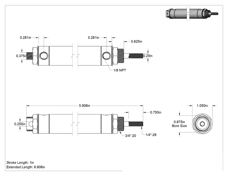 Teknik Çizim - Darbeye Dayanıklı Yuvarlak Gövdeli Hava Silindiri, Evrensel Montaj, 7/8" Çap, 1" Strok Uzunluğu