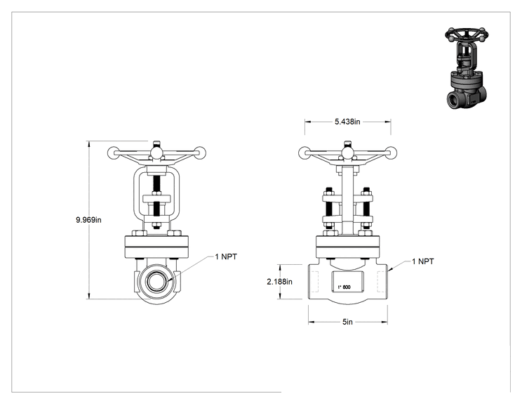Teknik Çizim - Yüksek Basınçlı Kademeli Açma/Kapama Vanası, Basınç Sınıfı 800, Çelik, Tam Bağlantı, 1 NPT Dişi