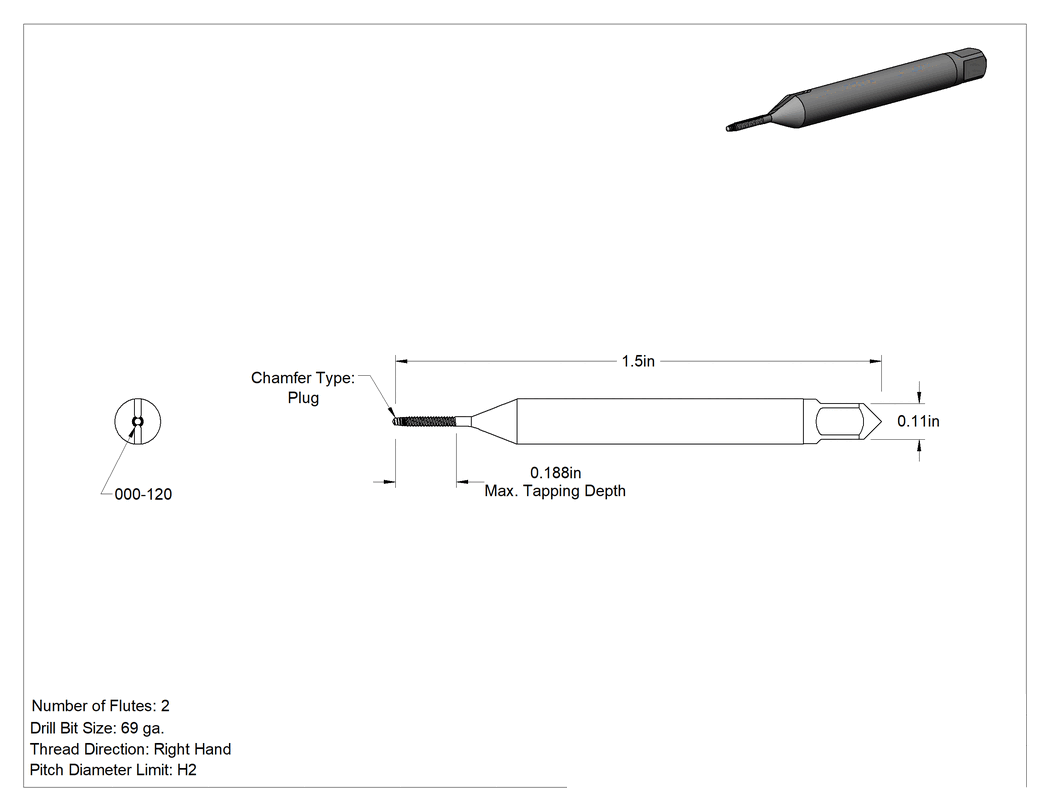 Teknik Çizim - Minyatür Kılavuz, Kaplamasız HSS, 000-120 Diş Boyutu, 3/16" Diş Uzunluğu