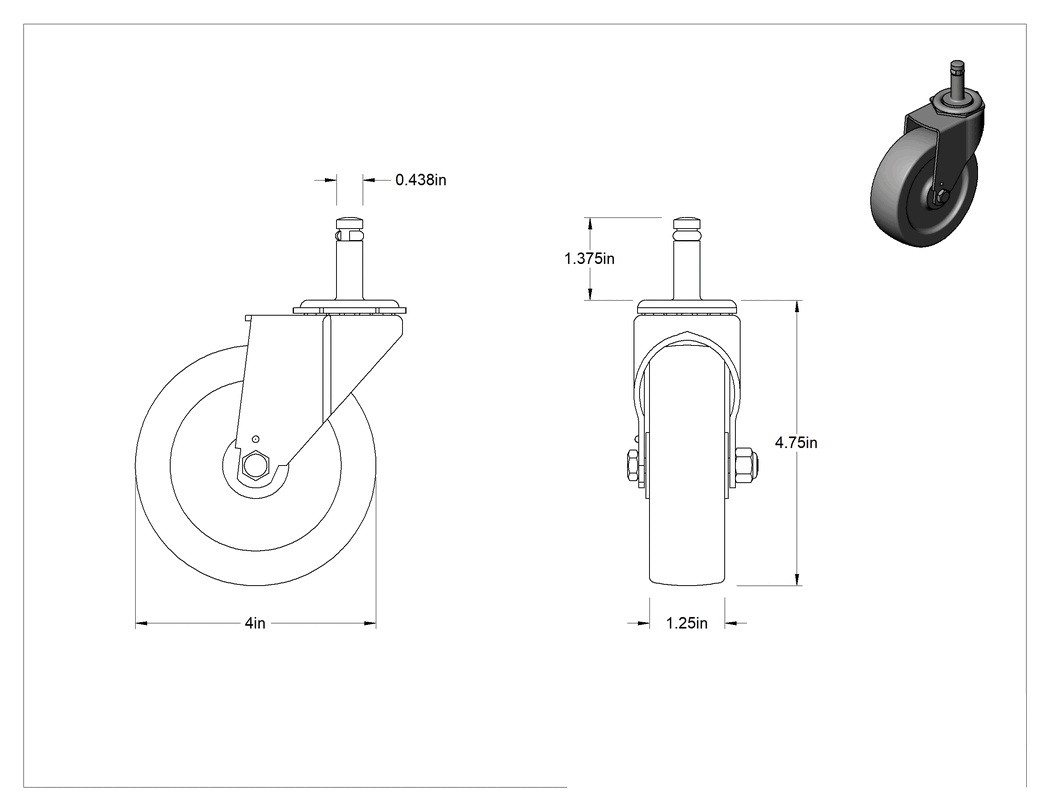 Teknik Çizim - Tutuş Halkalı Sürtünmeli Tutuşlu Saplı Tekerlek, 4" Çapında 80D Kauçuk Tekerlekli ve 1-3/8" Uzunlukta Mil ile Döner Tekerlek