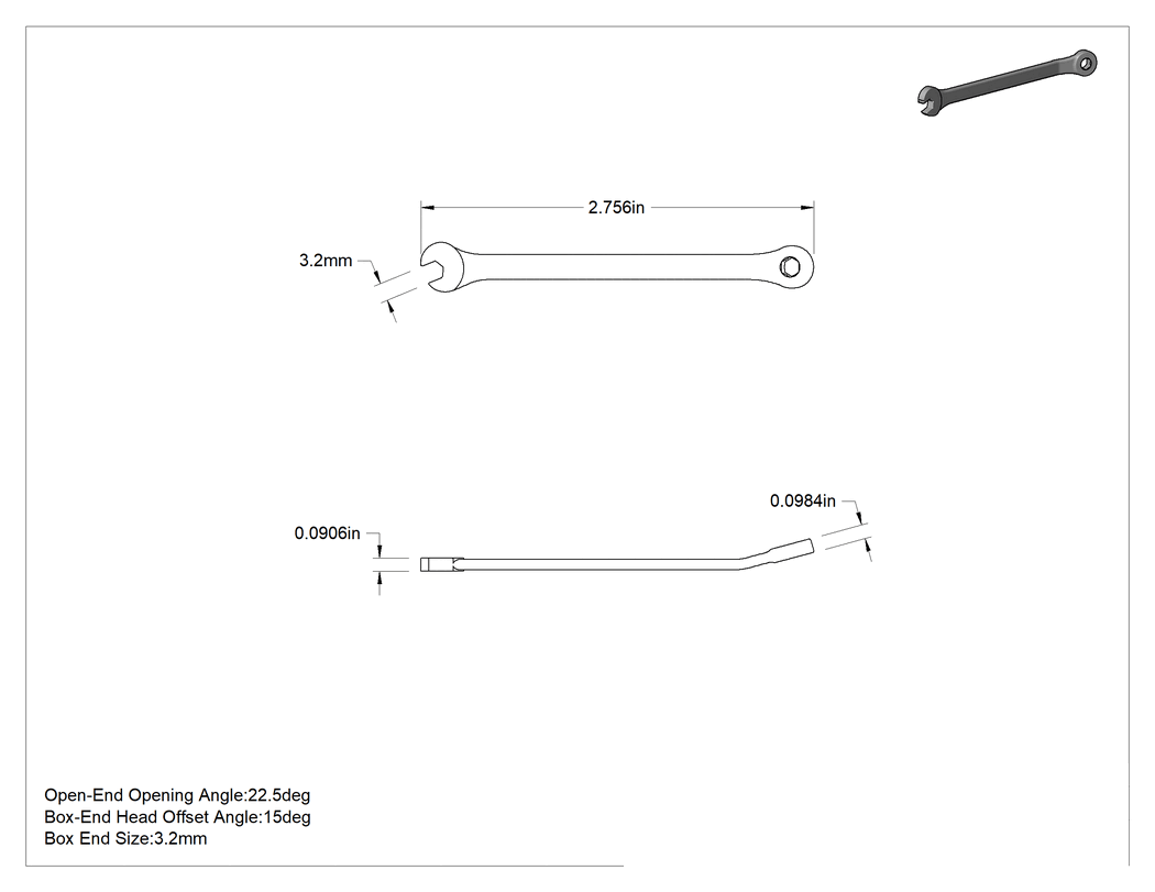 Teknik Çizim - Parlatılmış Krom Kaplama Kombinasyon Anahtarı, Kısa, 6 Uçlu Açma, 3.2 mm Boyut, 2-3/4" Uzunluk