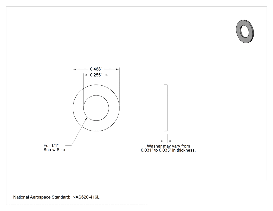 Teknik Çizim - Mil. Spec. Kadmiyum Kaplı Çelik Pullar, Düşük Sürtünme, 1/4" Vida Boyutu, NAS620-416L