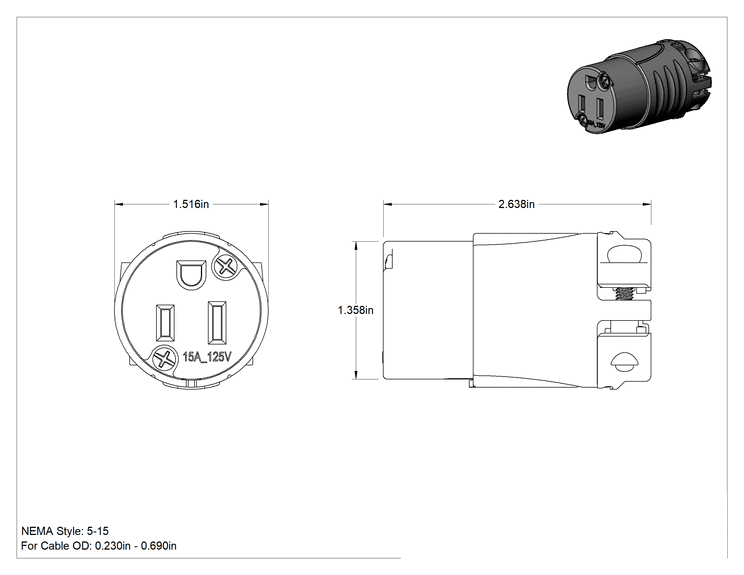 Teknik Çizim - 3 Yuvalı Düz Soket, Topraklanmış, NEMA 5-15