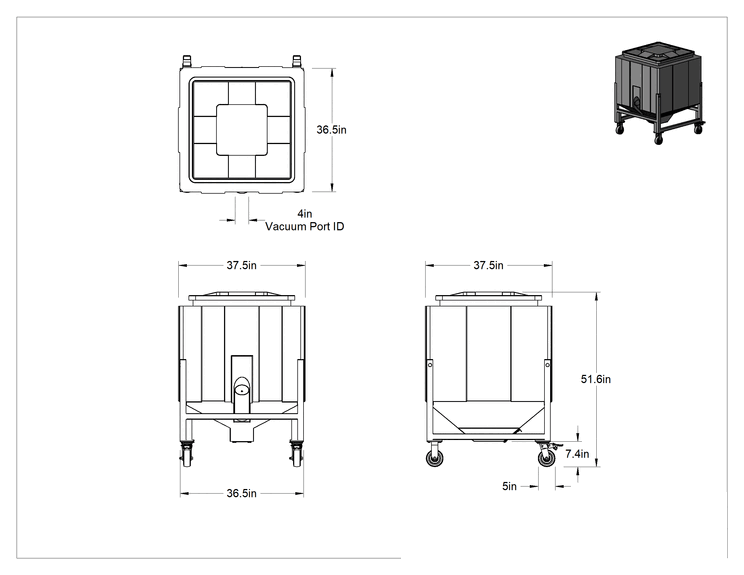 Teknik Çizim - Vakum Bağlantı Noktalı Mobil Küçük Parça Dağıtıcı, 37-1/2" Genişlik x 37-1/2" Derinlik x 51-5/8" Yükseklik
