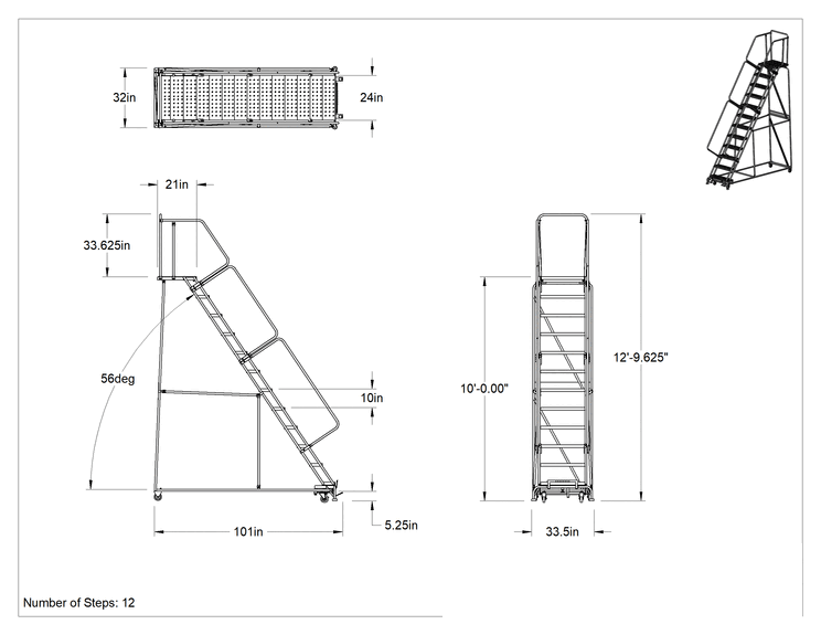 Teknik Çizim - Yuvarlanan Delikli Platform Merdiveni, Montajlanmamış, 12 Kademe, 10' Yükseklik x 21" Derinlik Platform