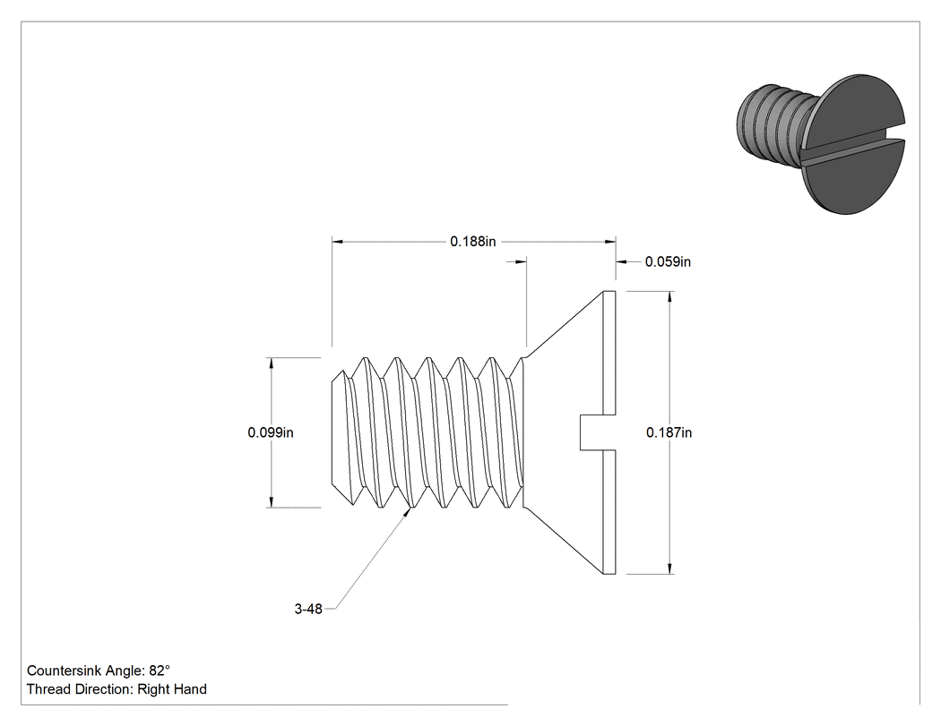 Teknik Çizim - Çinko Kaplı Çelik Oluklu Havşa Başlı Vidalar, 3-48 Diş Boyutu, 3/16" Uzunluk