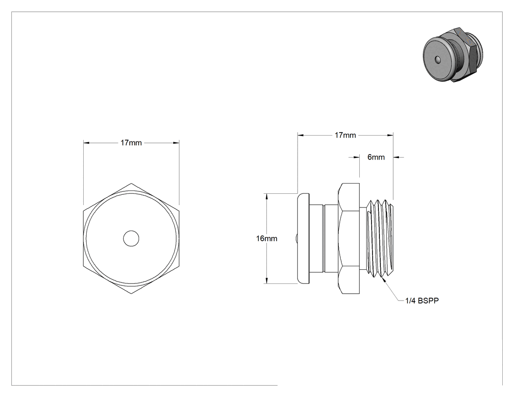 Teknik Çizim - Düğme Başlı Gres Nipeli, 303 Paslanmaz Çelik, 1/4 BSPP Erkek, 17 mm Toplam Yükseklik