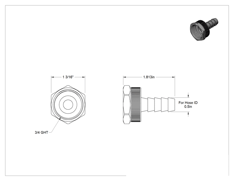 Teknik Çizim - 303 Paslanmaz Çelik Düz Adaptör, Döner, 1/2" Tırnaklı Hortum İç Çapı x 3/4 GHT Dişi