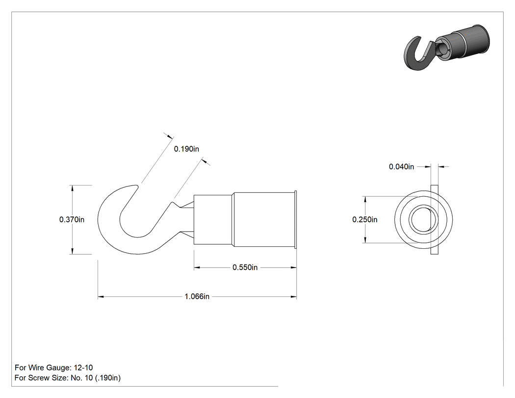 Teknik Çizim - Kanca Terminalleri, Vinil Yalıtım, 12-10 AWG ve 10 Numaralı Vida Boyutu için