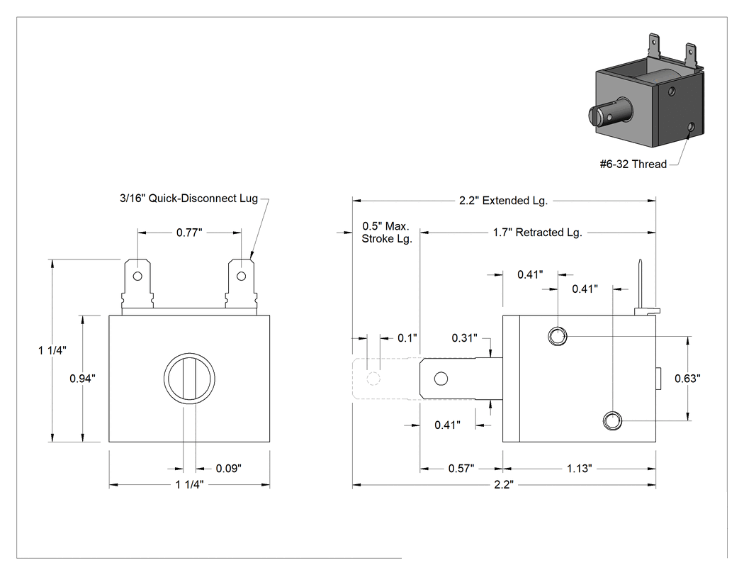 Teknik Çizim - Lineer Solenoid, Sürekli, Çekme, 120V AC, 0.5" Strok, 7.2 Watts