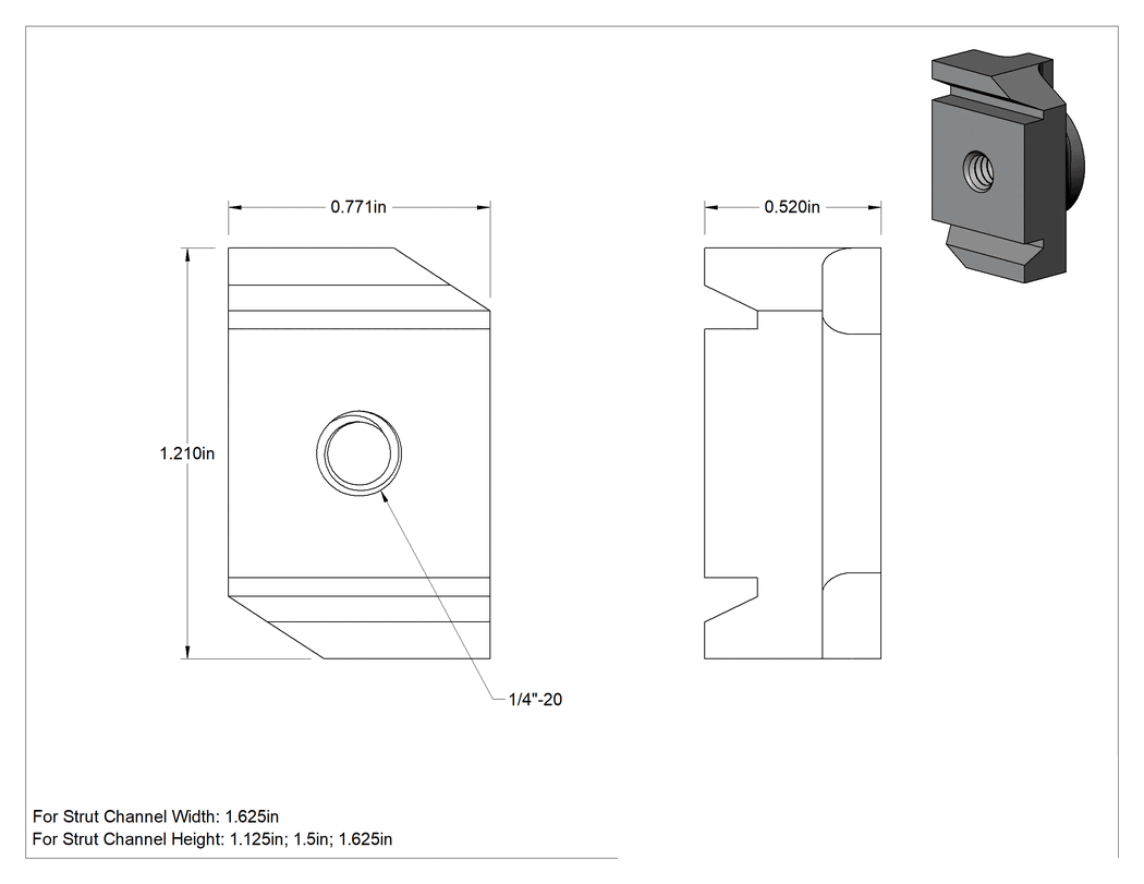 Teknik Çizim - Strut Kanal Somunu, Fiberglas, 1/4"-20 Diş Boyutu