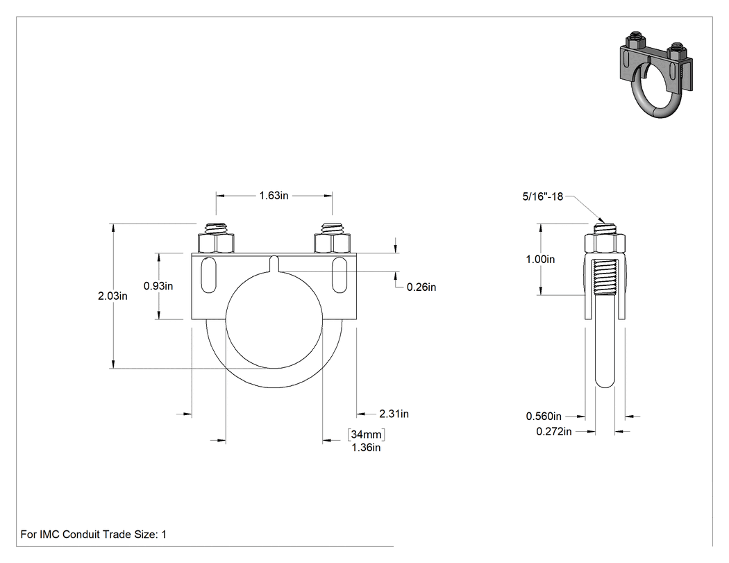 Teknik Çizim - Sıkıştırma U-Cıvatası, Krom Kaplı Çelik, 5/16"-18 Diş Boyutu, 1-5/16" İç Çap