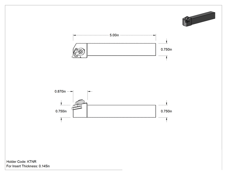 Teknik Çizim - Yatay Dış Diş Açma Ucu Tutucusu, Kod Ktnr, 3/4" Genişlik x 3/4" Yükseklik Şaft