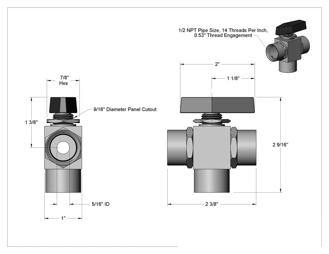 Teknik Çizim - Yön Değiştirme Valfi, Panel Montajı, L-Desen, Pirinç Gövde, 1/2 NPT Dişi, 2.74 Cv