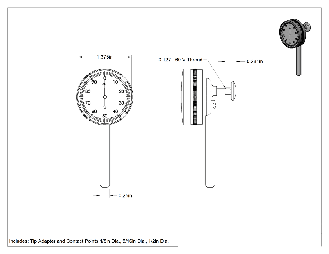 Teknik Çizim - Starrett Arka Pistonlu Komparatör, NIST Sertifikalı ve Sürekli Kadranlı, Model Numarası 196B1