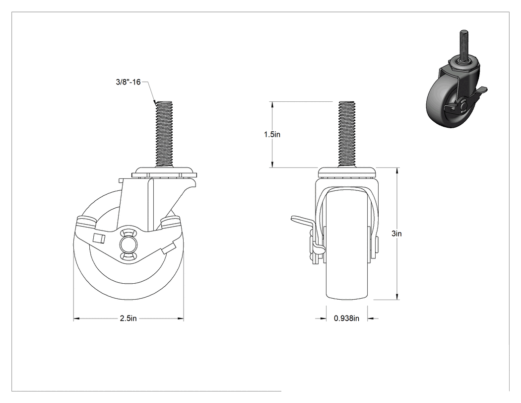 Teknik Çizim - Statik Kontrol Döner Tekerlek, Frenli, 3/8"-16 Dişli Gövde ve 2-1/2" Çaplı Kauçuk Tekerlek