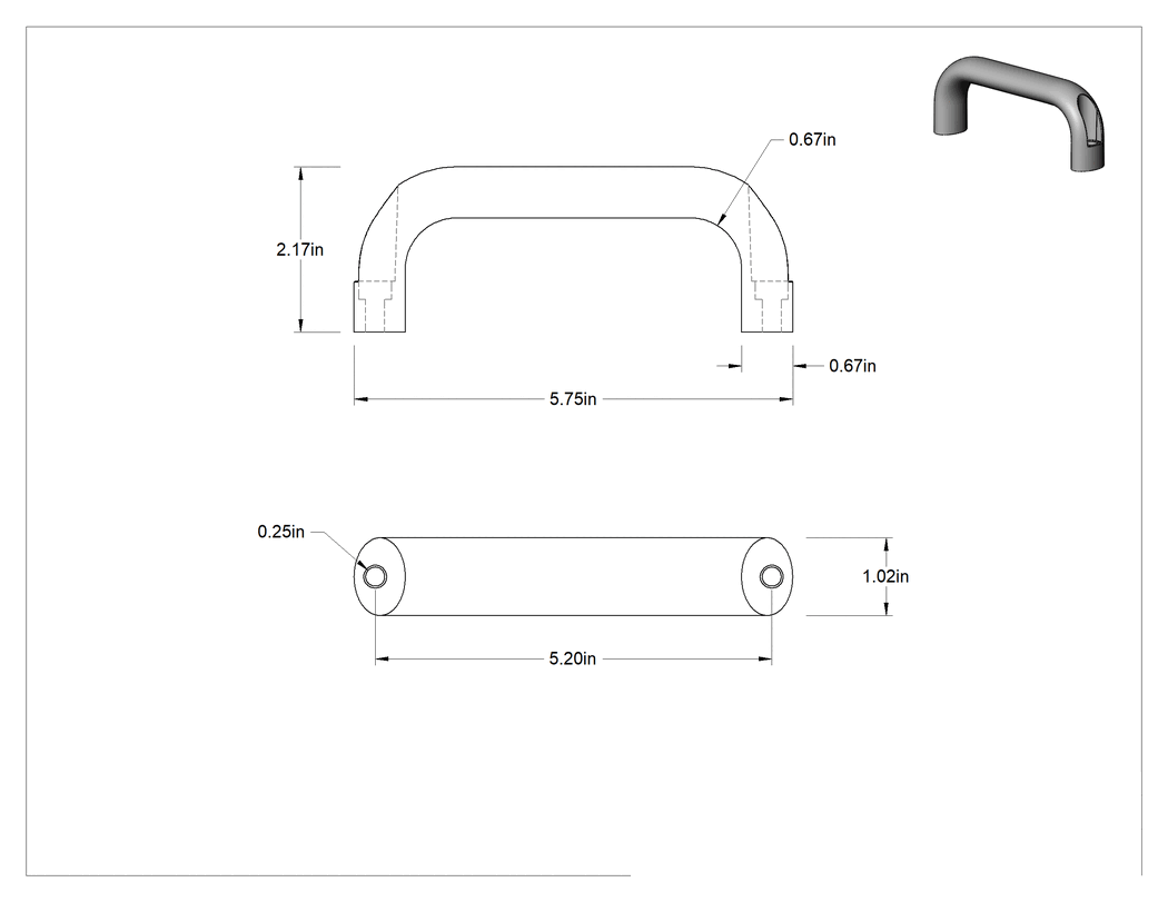 Teknik Çizim - Oval Çekme Kolu, Dişsiz Delik, Eloksallı Alüminyum, 5-3/16" Merkezden Merkeze Genişlik