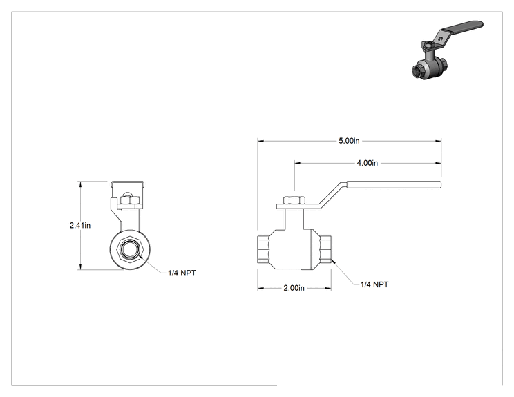 Teknik Çizim - Kol Kollu Bronz Açma/Kapama Vanası, 1/4 NPT Dişi, 4.2 Cv