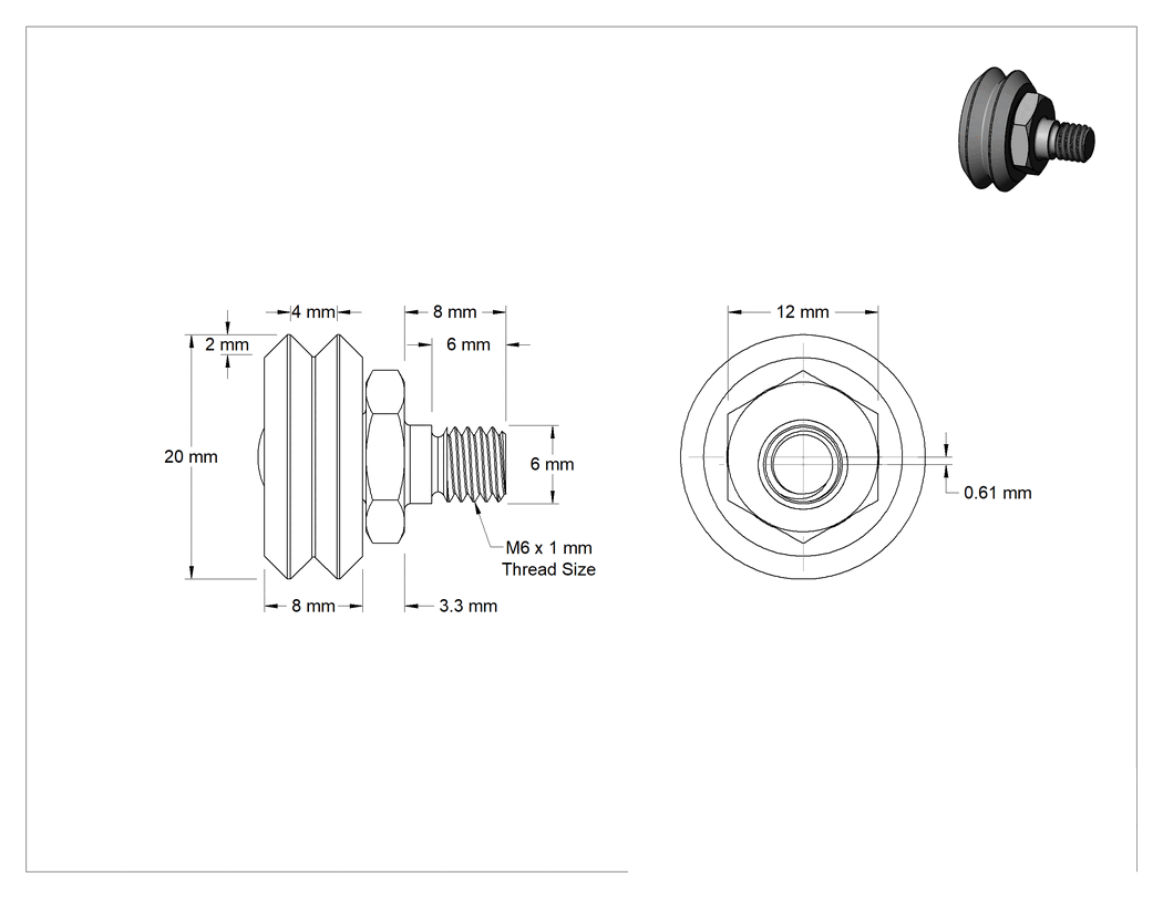 Teknik Çizim - Dişli V-Oluklu Ray Makarası, Ayarlanabilir Omuzlu, Paslanmaz Çelik, 20 mm Makara Çapı, 12 mm Altıgen Omuz Genişliği