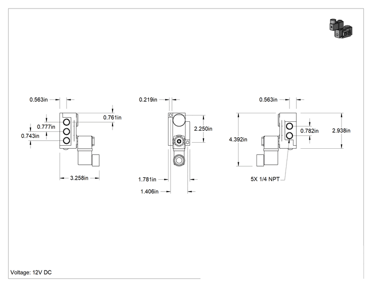 Teknik Çizim - Elektrikli Hava Yön Kontrol Vanası, İki Eylemli, Tek Solenoid, 1/4 NPT, 56 scfm, 12V DC