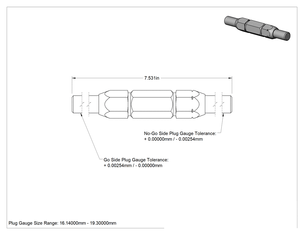 Teknik Çizim - Sınıf Z Saplı Tıkaç Ölçer, Sınıf Z, Boyut 16.1400 mm ila 19.3000 mm