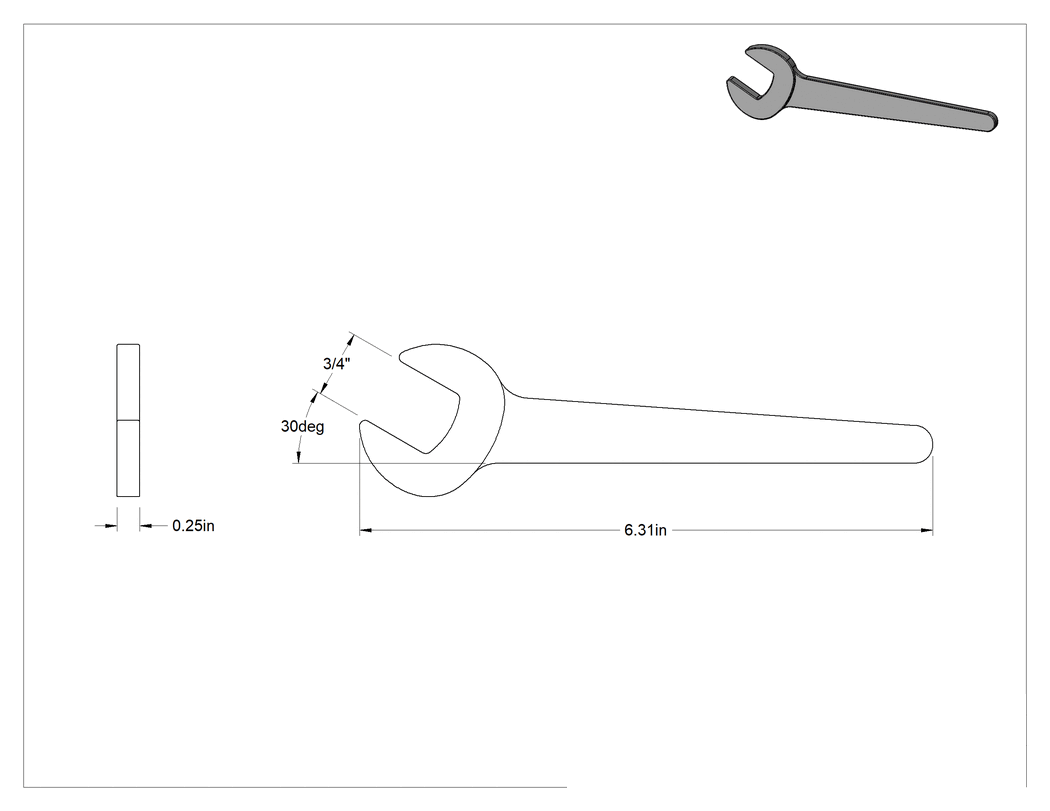 Teknik Çizim - Sıkı Boşluklu Açık Uçlu Anahtar, Mat Krom Kaplama, Yuvarlatılmış Açıklık, 3/4" Boyut, 6-1/2" Uzunluk