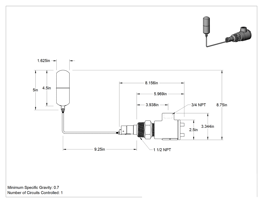 Teknik Çizim - Tehlikeli Ortamlar için Şamandıralı Anahtar, Su için, 1-1/2 NPT Erkek, 9-1/4 inç Yerleştirme Derinliği