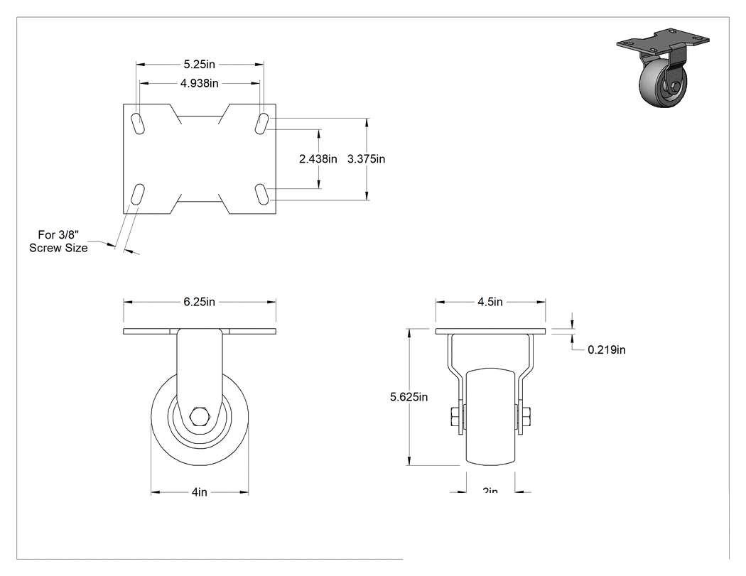 Teknik Çizim - 6-1/, 4" x 4-1/2" Plakalı Yüksek Kapasiteli Mauler Tekerlek, 4" Çapında Fenolik Tekerlekli Sert