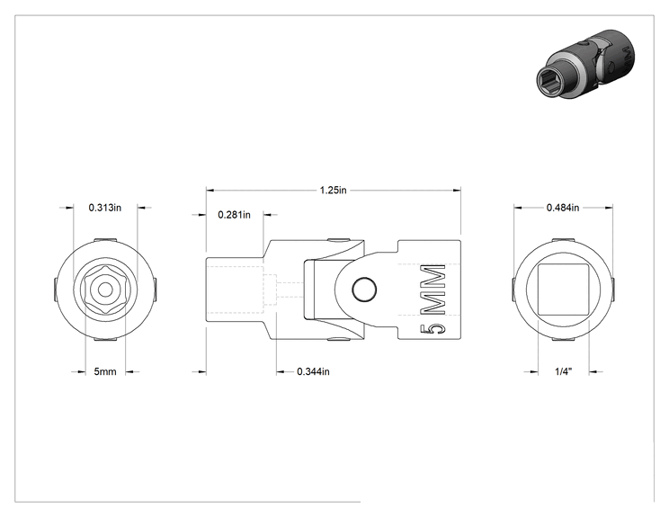 Teknik Çizim - 6 Uçlu Esnek Soket, 1/4" Kare Tahrik, 5 mm Tahrik Boyutu