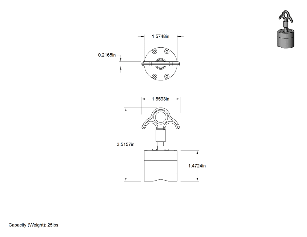 Teknik Çizim - Manyetik Arka Asma Kancası, Duvar ve Alt Montaj, 1-5/8" Genişlik x 3-1/2" Yükseklik x 1-7/8" Derinlik