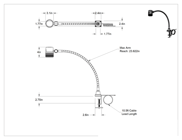 Teknik Çizim - Her Yöne Uygun Makine Işığı, Kelepçeli Montaj Parçası, 23-1/2" Kol Uzatma Mesafesi, 12-28V AC, 12-40V DC