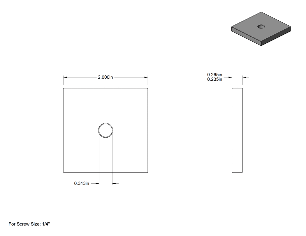 Teknik Çizim - Siyah Oksit Çelik Kare Pul, 1/4" Vida Boyutu için, 0.312" İç Çap