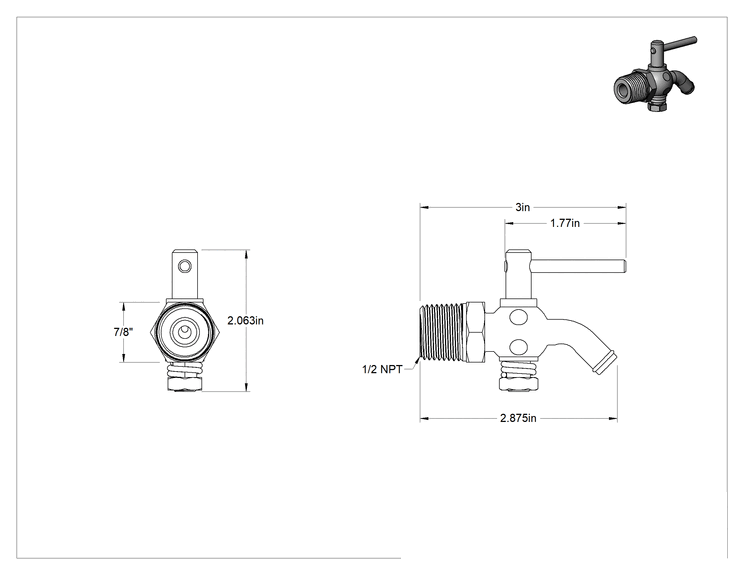 Teknik Çizim - 316 Paslanmaz Çelik Gövdeli Açma/Kapama Vanası, Kompakt, Kol Tutacağı, 1/2 NPT Erkek x Musluk