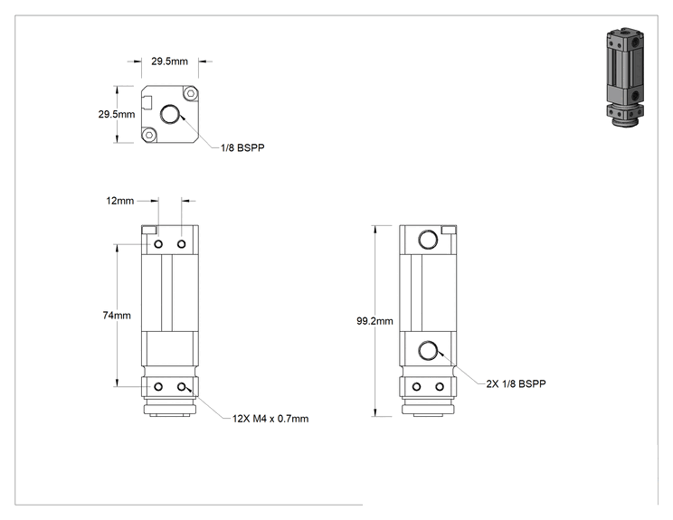 Teknik Çizim - Pnömatik Manyetik Tutucu, Yüksek Sıcaklık için Ağır Yük, 99 mm x 30 mm x 30 mm Toplam