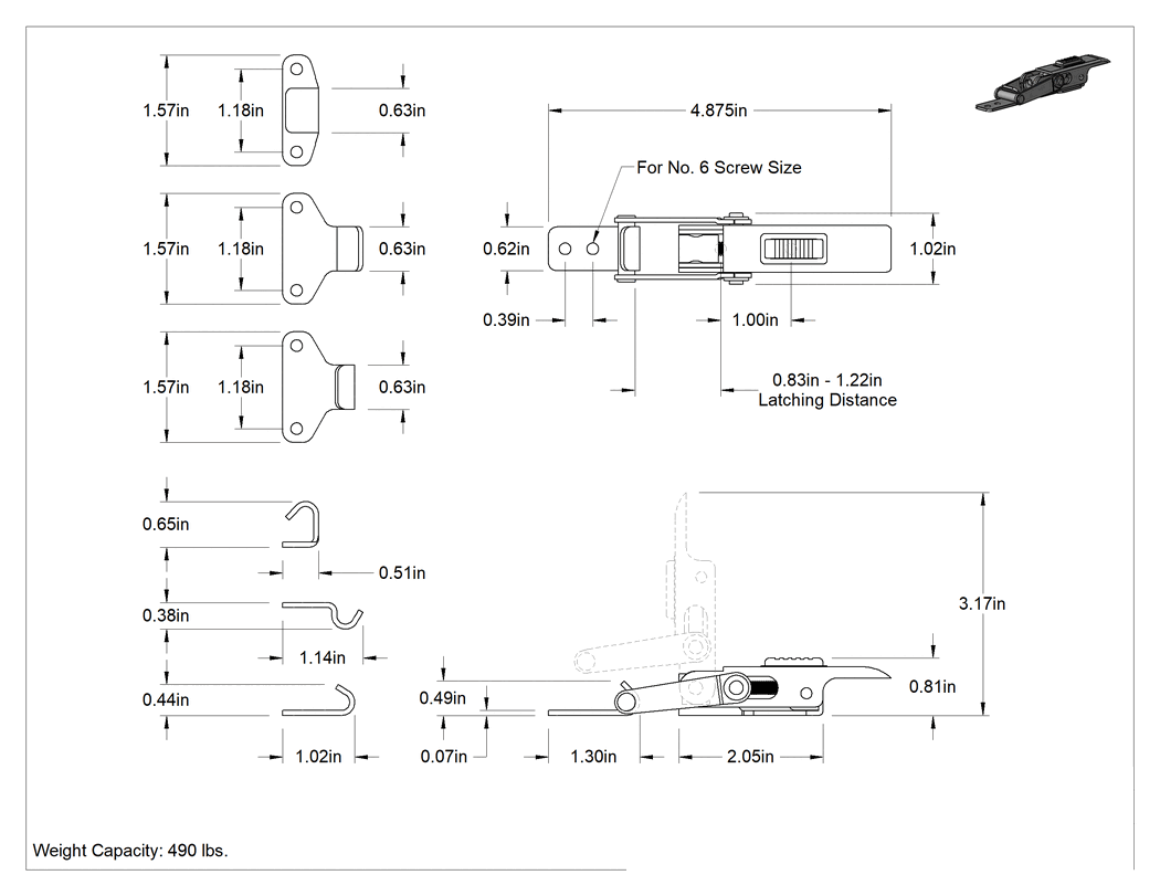 Teknik Çizim - Ayarlanabilir Tutamaklı Çekme Mandalı, Emniyet Mandallı, Sarı-Kromat, 4-7/8" Uzunluk, 1-9/16" Genişlik