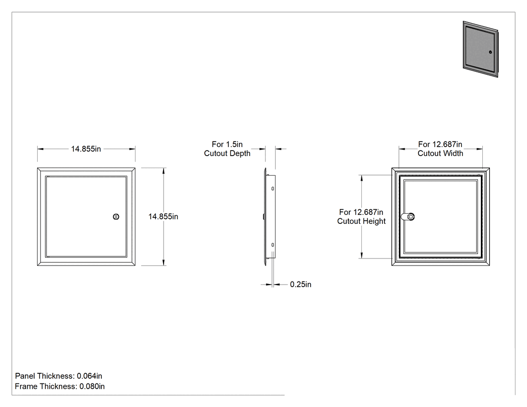 Teknik Çizim - Yalıtımlı Alüminyum Erişim Paneli ve Çerçeve, 12-5/8" Yükseklik x 12-5/8" Genişlik x 1-1/2" Derinlikte Kesik için